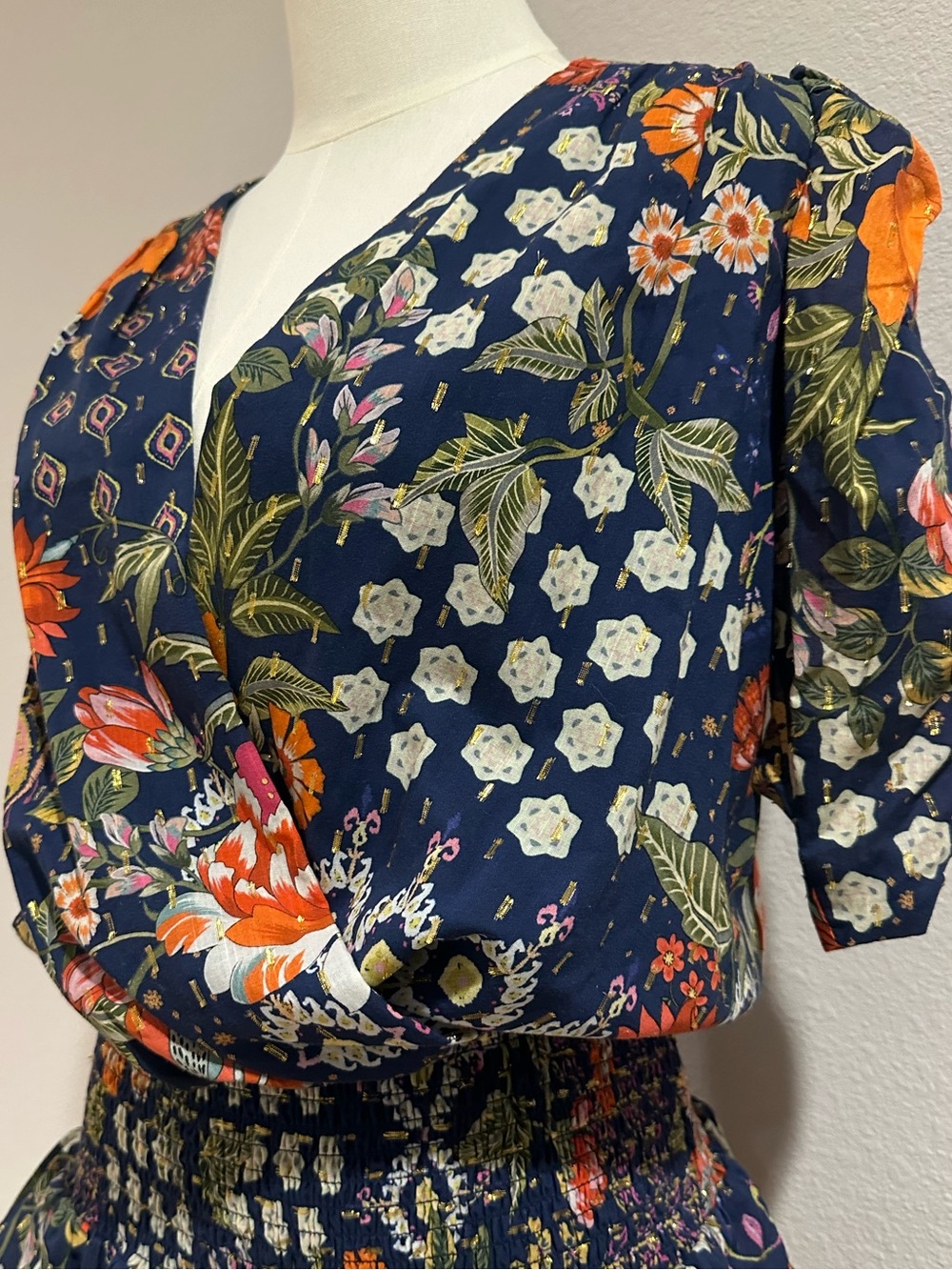 Amanda Uprichard Navy Floral Wrap Mini Dress with Orange & Green Accents - Picture 2 of 7